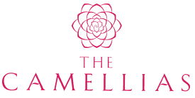 The Camellias logo in red line art